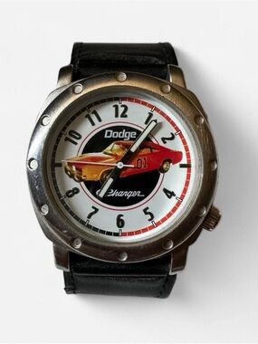 Vintage Dodge Charger Men's Black Leather Strap Watch - Red Accent